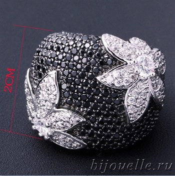 Крупное кольцо "Черный цветок" с черными камнями микро циркония, покрытие родий - фото 5424