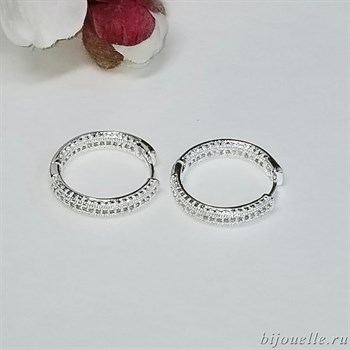 Серьги кольца женские с микро фианитами размер 2,4*2,4*0,4 см, покрытие родий - фото 6082