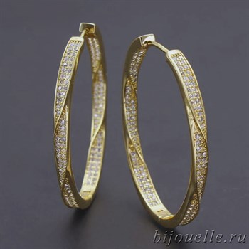Овальные серьги кольца с микро фианитами 4см * 3 см, покрытие желтое золото - фото 6102