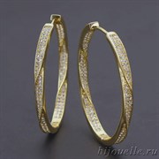 Овальные серьги кольца с микро фианитами 4см * 3 см, покрытие желтое золото